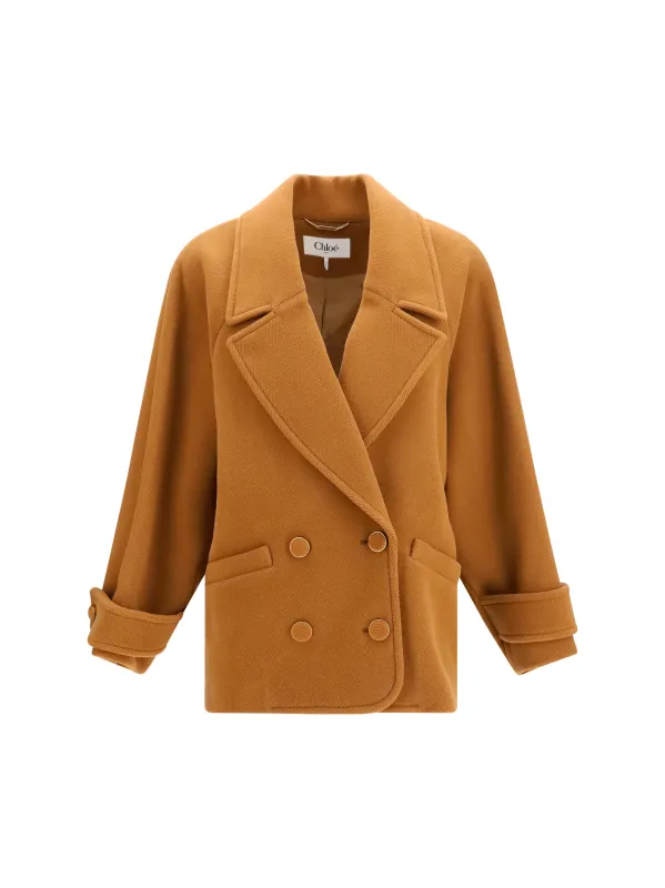 Double-Breasted Herringbone Short Coat Dusty Camel made by Chloe