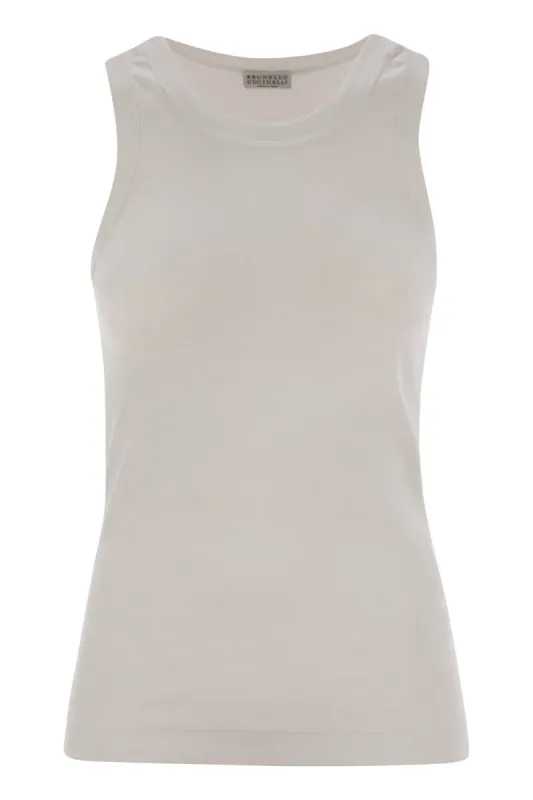 STRETCH COTTON RIBBED JERSEY TOP WITH MONILE made by Brunello Cucinelli