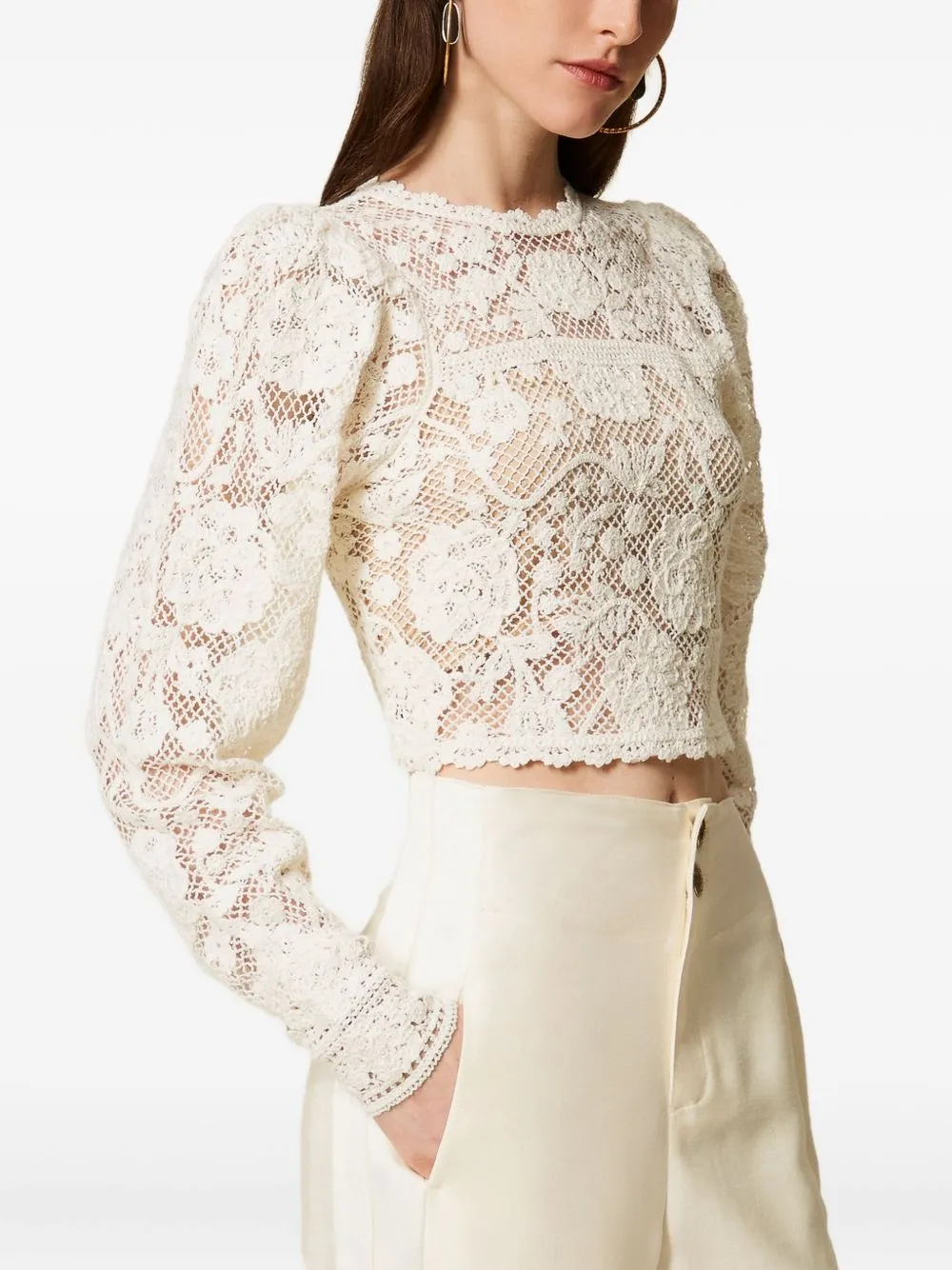 WHITE CROCHET KNIT LONG SLEEVE SWEATER sold by Lord & Taylor product image thumbnail 4