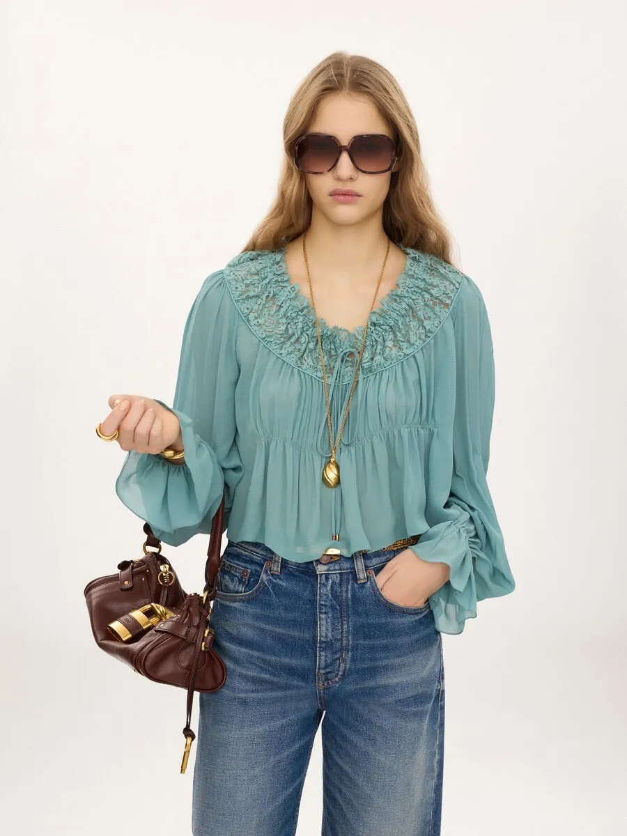 SCOOP-NECK CROPPED TOP IN SILK GEORGETTE & LACE sold by Lord & Taylor product image thumbnail 3