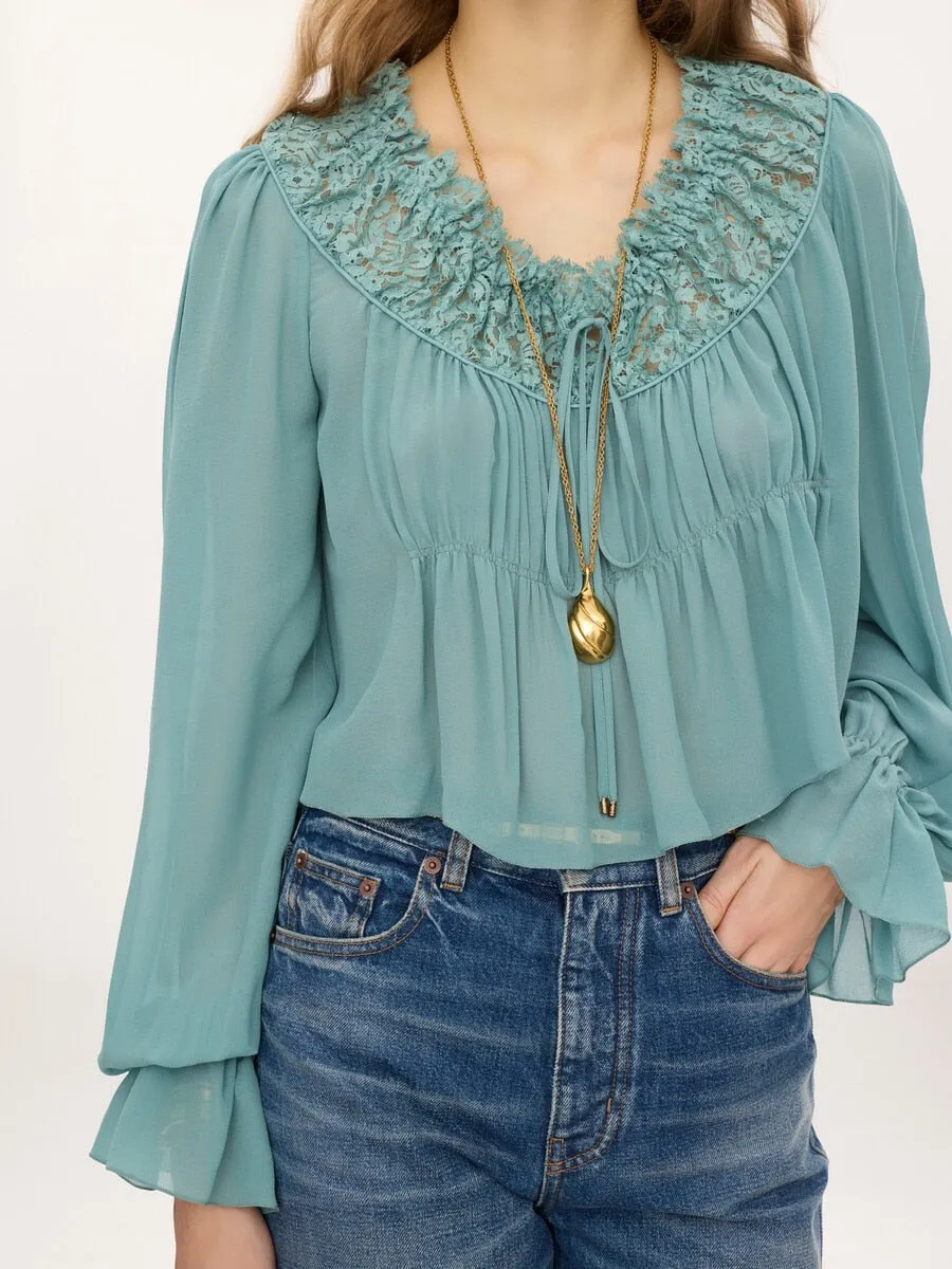 SCOOP-NECK CROPPED TOP IN SILK GEORGETTE & LACE sold by Lord & Taylor product image thumbnail 4