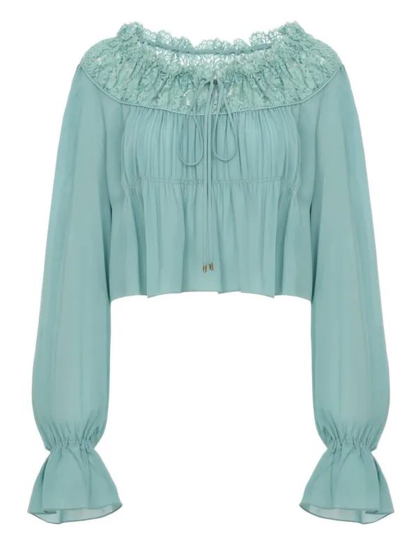 SCOOP-NECK CROPPED TOP IN SILK GEORGETTE & LACE made by Chloe