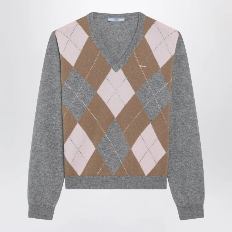 GREY CASHMERE ARGYLE SWEATER made by Prada