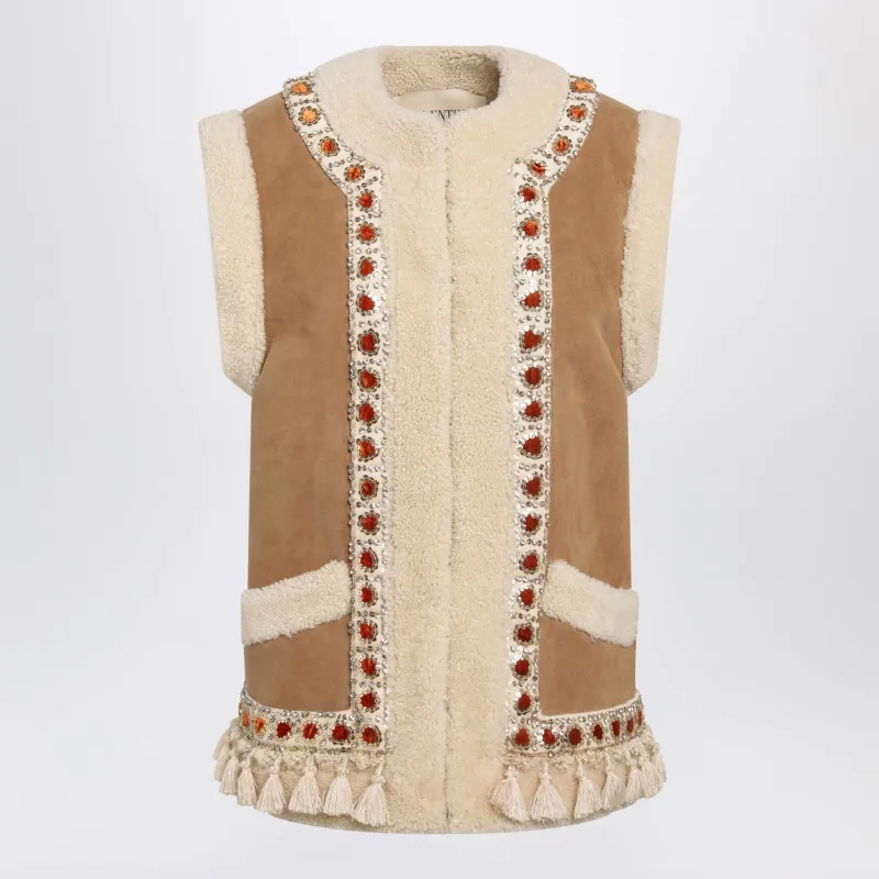 CAMEL SHEARLING AND SUEDE VEST made by Valentino Garavani