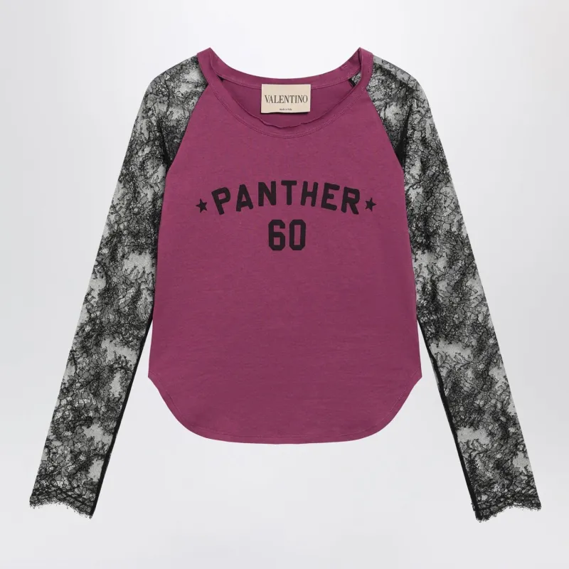 CYCLAMEN PANTHER 60 TSHIRT WITH BLACK LACE SLEEVES made by Valentino Garavani