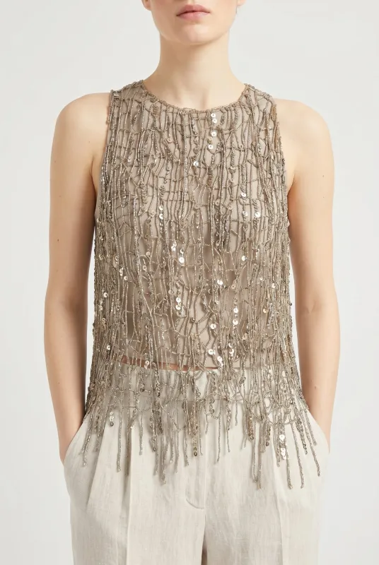 BRUNELLO CUCINELLI WOMEN'S GOLD SLEEVELESS EMBELLISHED TOP made by Brunello Cucinelli