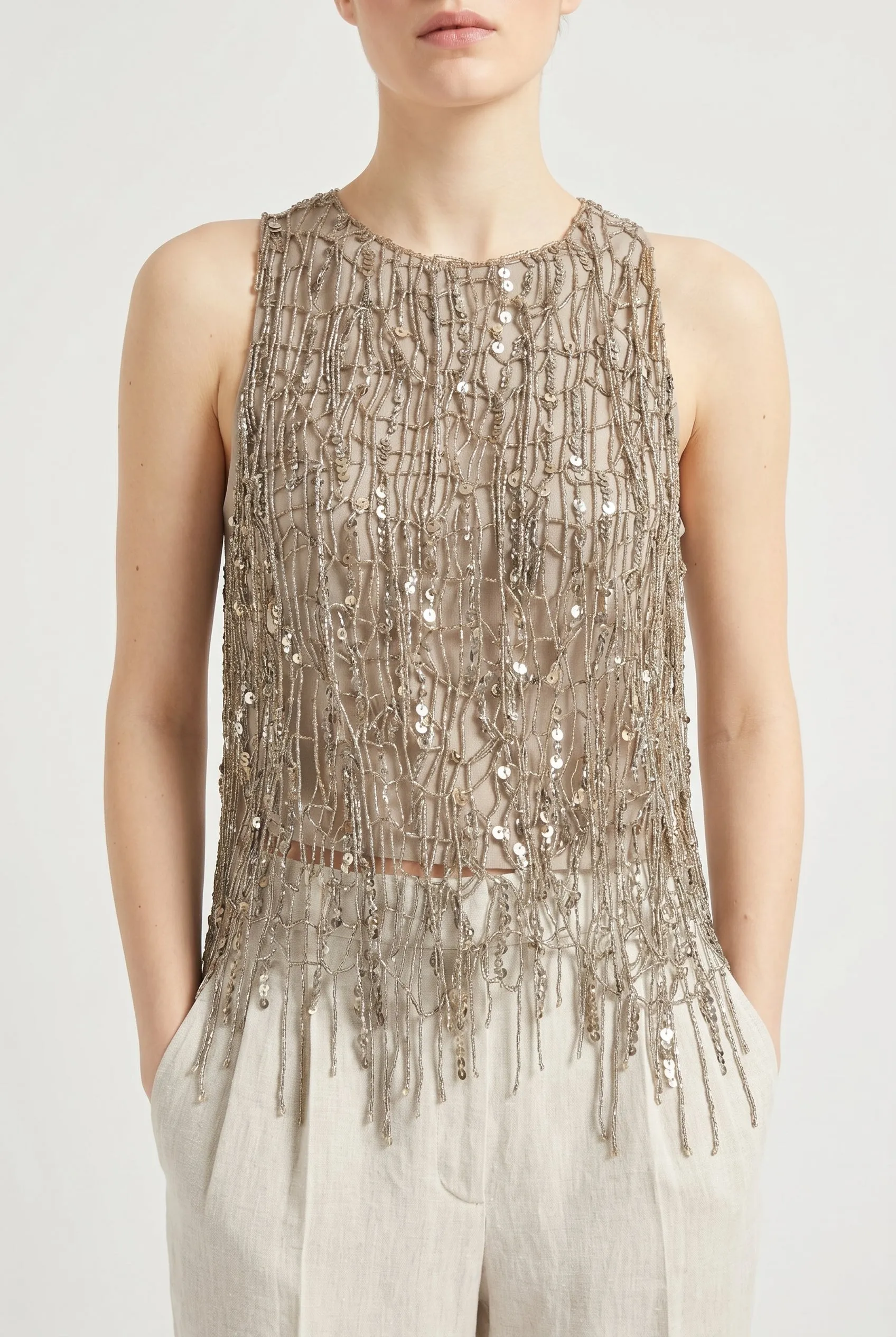 BRUNELLO CUCINELLI WOMEN'S GOLD SLEEVELESS EMBELLISHED TOP sold by Lord & Taylor