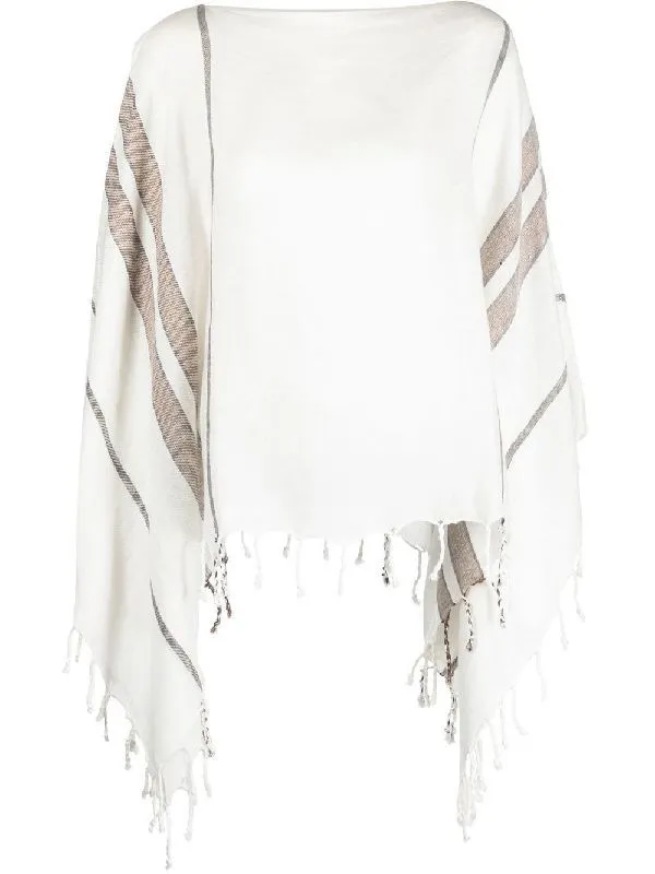 BRUNELLO CUCINELLI WOMEN'S WHITE BRONZE LINEN PONCHO WITH FRINGE made by Brunello Cucinelli