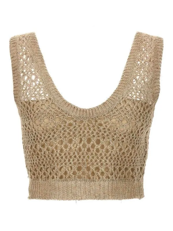 BRUNELLO CUCINELLI WOMEN'S BEIGE LINEN SILK KNIT TOP made by Brunello Cucinelli