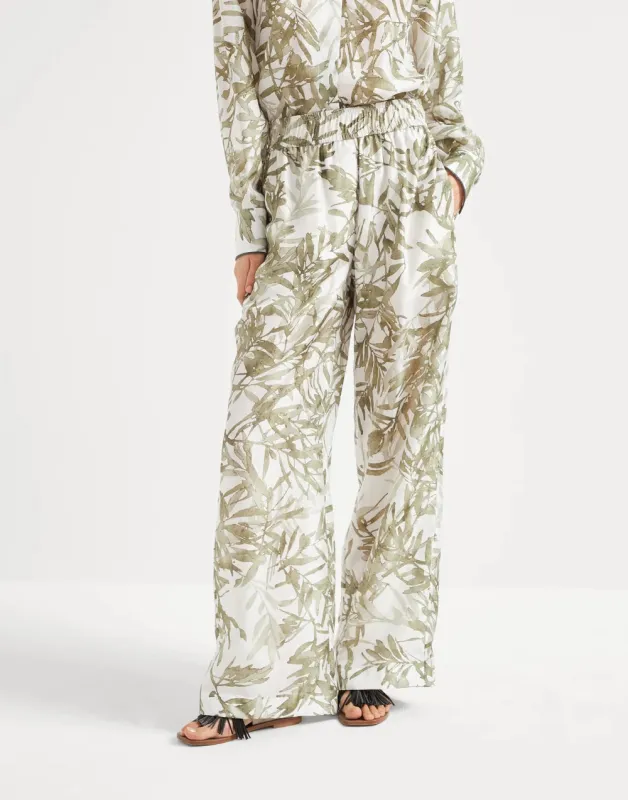 BRUNELLO CUCINELLI WOMEN'S WHITE PRINTED SILK WIDE TROUSERS made by Brunello Cucinelli