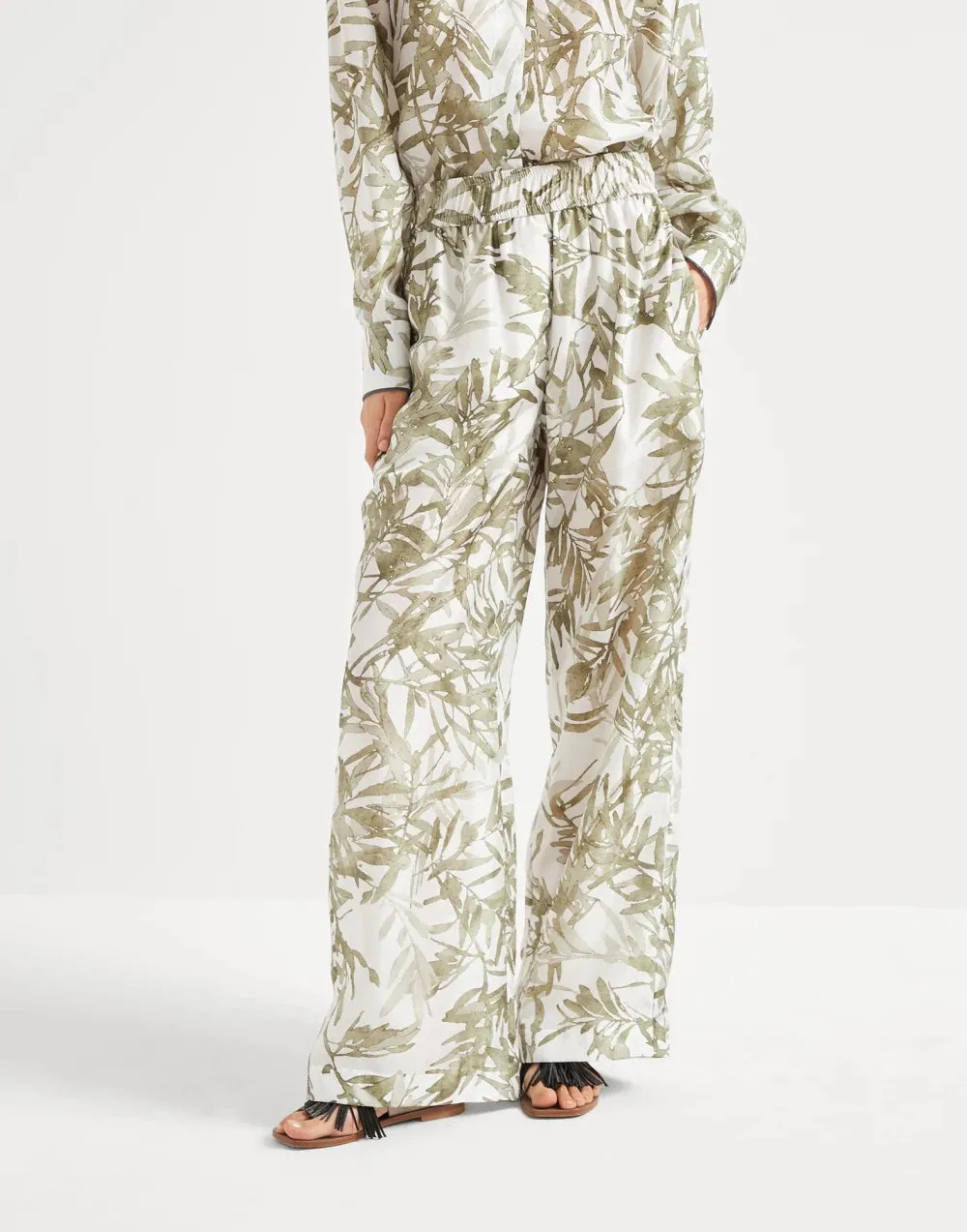 BRUNELLO CUCINELLI WOMEN'S WHITE PRINTED SILK WIDE TROUSERS sold by Lord & Taylor