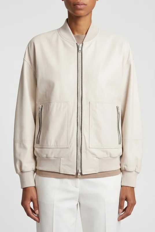BRUNELLO CUCINELLI WOMEN'S OFF WHITE LEATHER BOMBER JACKET made by Brunello Cucinelli