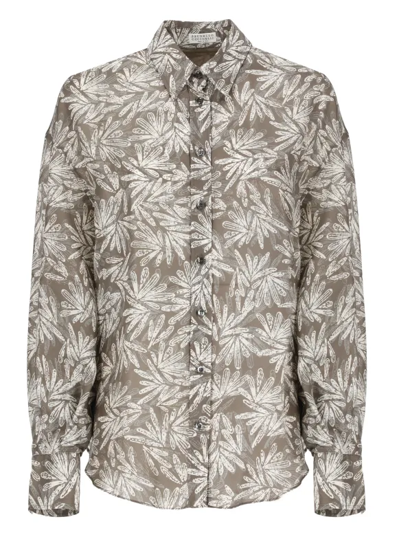 BRUNELLO CUCINELLI WOMEN'S BROWN SILK PATTERNED SHIRT made by Brunello Cucinelli