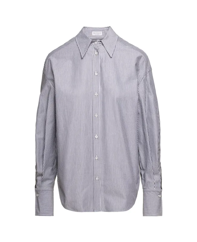 BRUNELLO CUCINELLI WOMEN'S WHITE BLUE STRIPED BUTTON-UP SHIRT made by Brunello Cucinelli