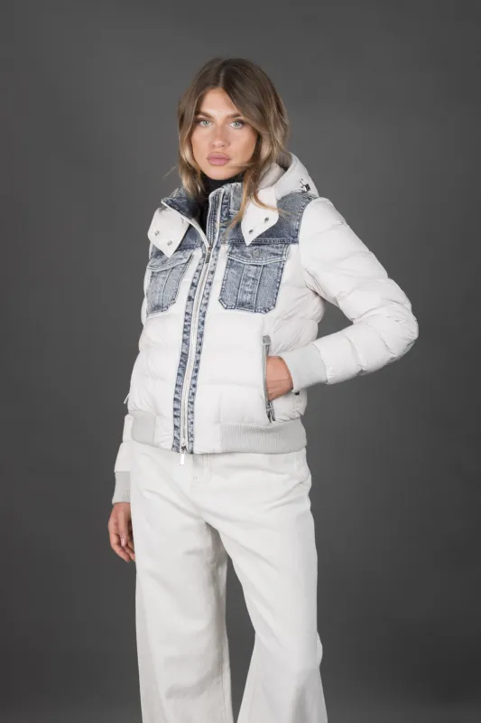 MOORER WOMEN'S WHITE PUFFER JACKET WITH DENIM ACCENTS made by MooRER