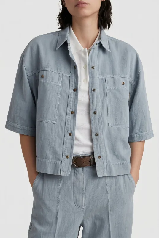BRUNELLO CUCINELLI WOMEN'S LIGHT BLUE LINEN BLEND SHIRT made by Brunello Cucinelli