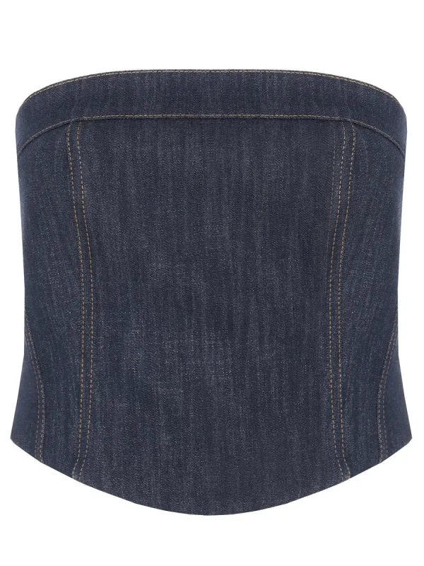 BRUNELLO CUCINELLI WOMEN'S BLUE COTTON BLEND STRAPLESS BUSTIER TOP made by Brunello Cucinelli