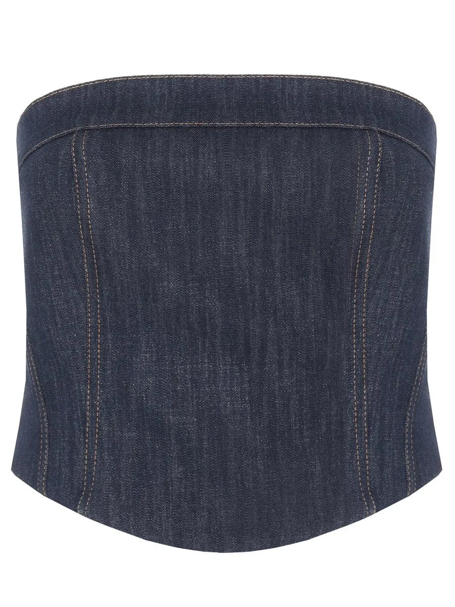 BRUNELLO CUCINELLI WOMEN'S BLUE COTTON BLEND STRAPLESS BUSTIER TOP sold by Lord & Taylor