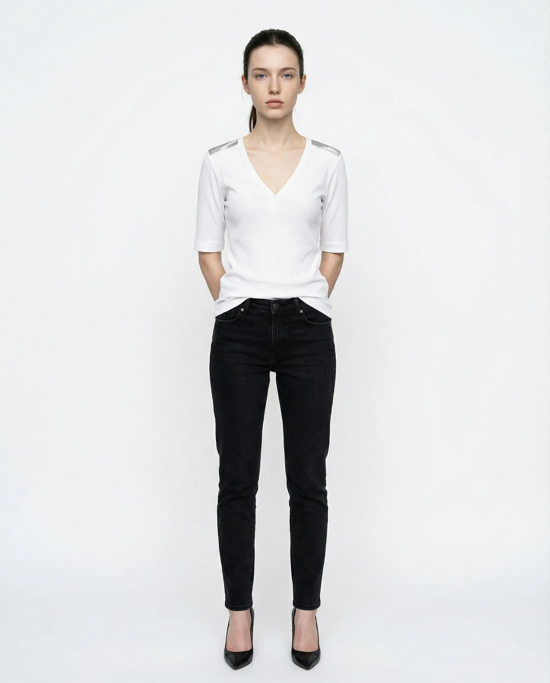 BRUNELLO CUCINELLI WOMEN'S WHITE RIBBED V NECK SHIRT sold by Lord & Taylor product image thumbnail 3