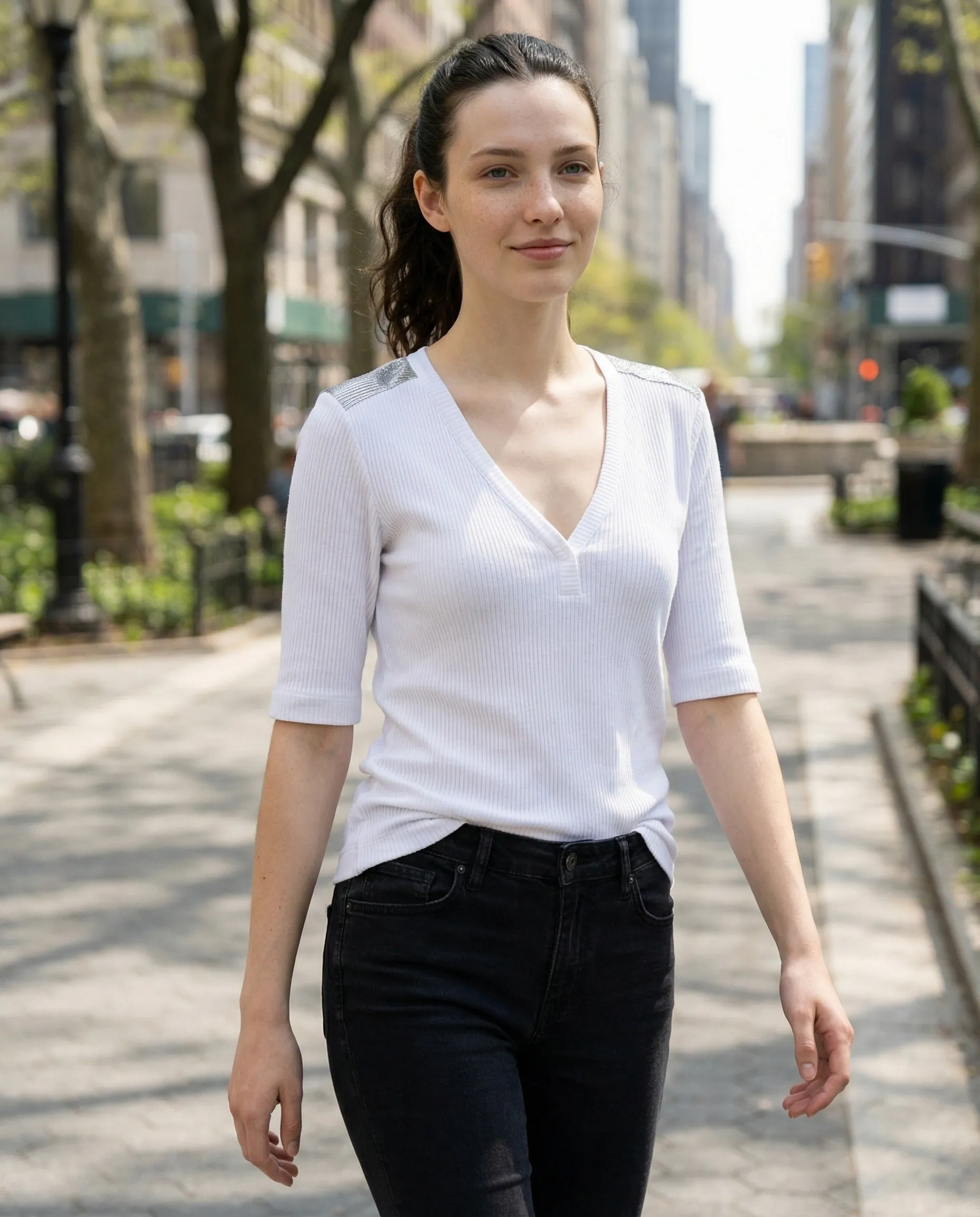 BRUNELLO CUCINELLI WOMEN'S WHITE RIBBED V NECK SHIRT sold by Lord & Taylor product image thumbnail 2
