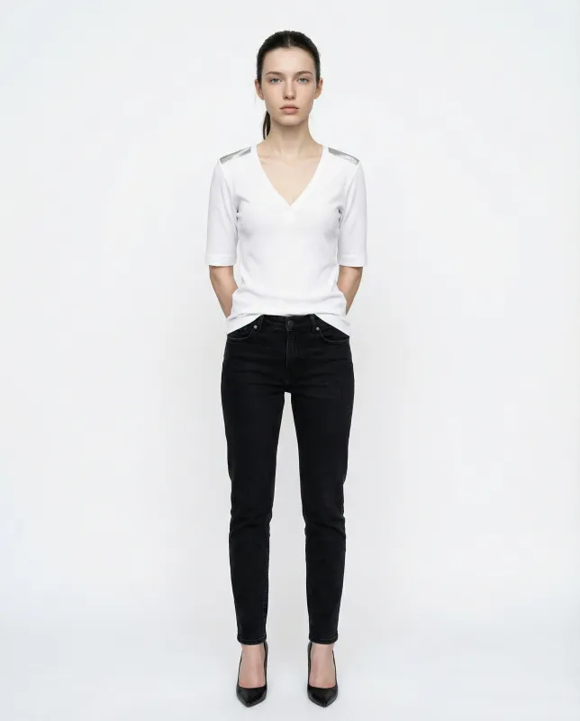 BRUNELLO CUCINELLI WOMEN'S WHITE RIBBED V NECK SHIRT made by Brunello Cucinelli
