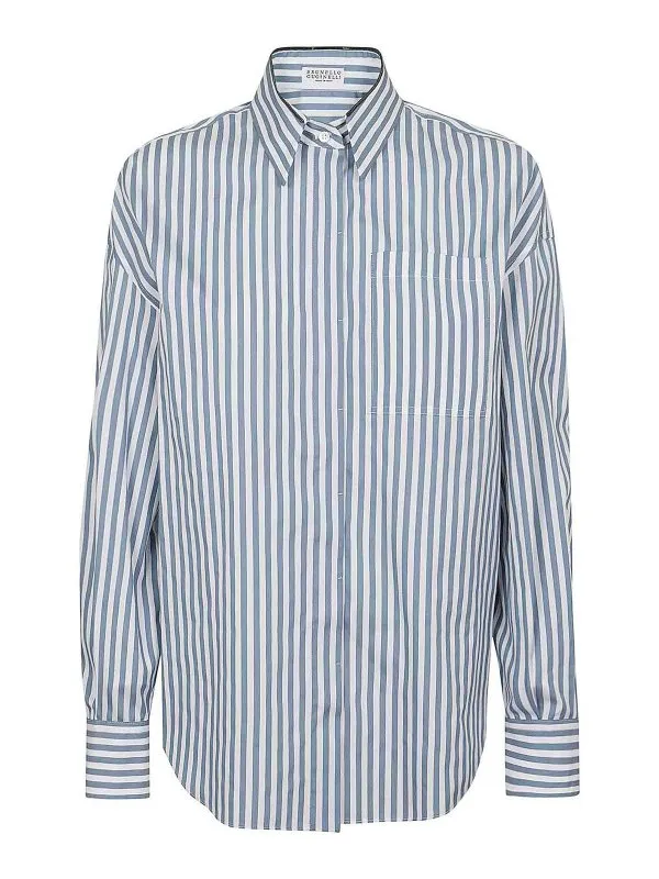 BRUNELLO CUCINELLI WOMEN'S BLUE WHITE STRIPED SILK SHIRT sold by Lord & Taylor