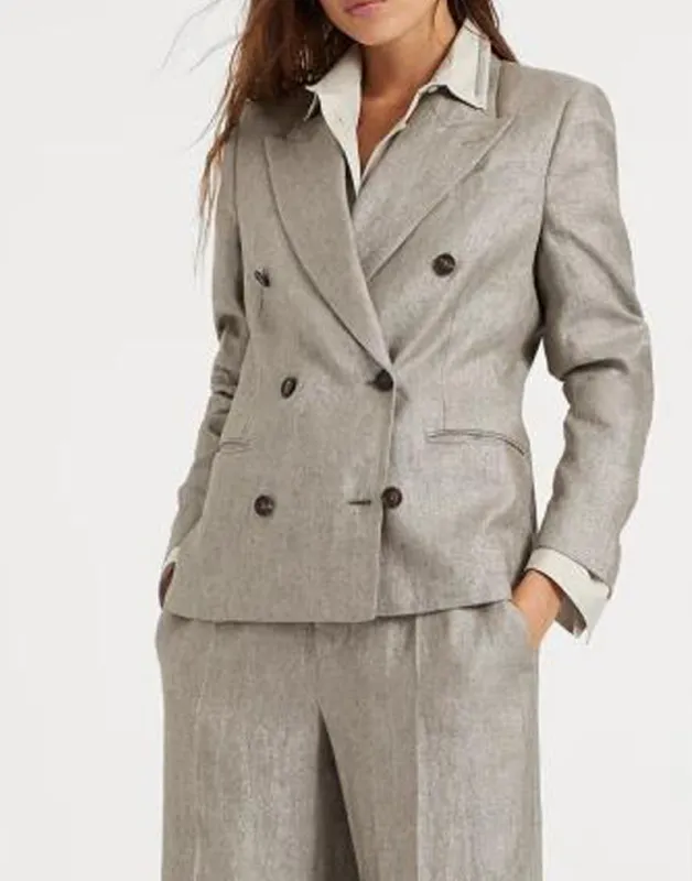 BRUNELLO CUCINELLI WOMEN'S BROWN LINEN DOUBLE-BREASTED BLAZER made by Brunello Cucinelli