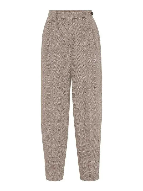 BRUNELLO CUCINELLI WOMEN'S LIGHT BROWN LINEN TAPERED TROUSERS made by Brunello Cucinelli