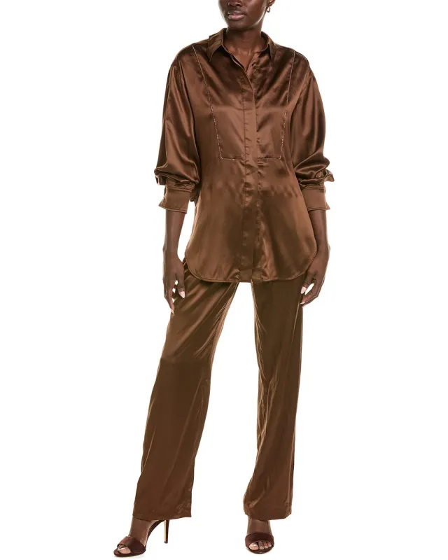 BRUNELLO CUCINELLI WOMEN'S BROWN SATIN WIDE TROUSERS made by Brunello Cucinelli