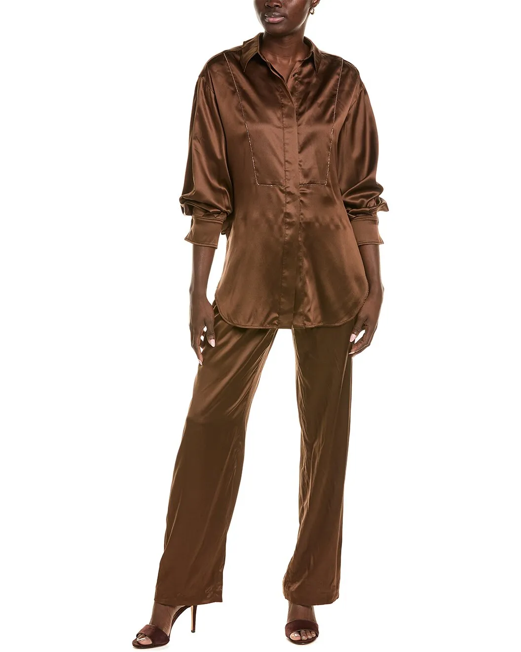 BRUNELLO CUCINELLI WOMEN'S BROWN SATIN WIDE TROUSERS sold by Lord & Taylor