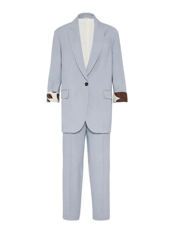 BRUNELLO CUCINELLI WOMEN'S POWDER BLUE LINEN VISCOSE SUIT TROUSERS made by Brunello Cucinelli