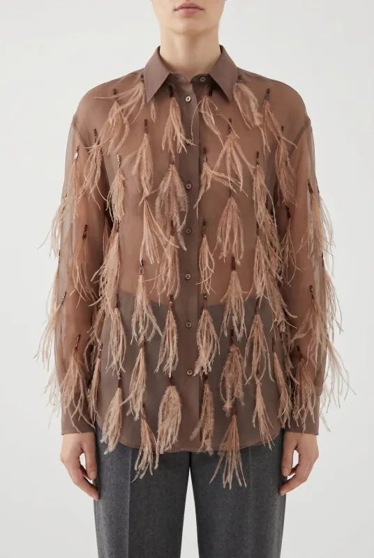 BRUNELLO CUCINELLI WOMEN'S BROWN SILK FEATHERED SHIRT made by Brunello Cucinelli
