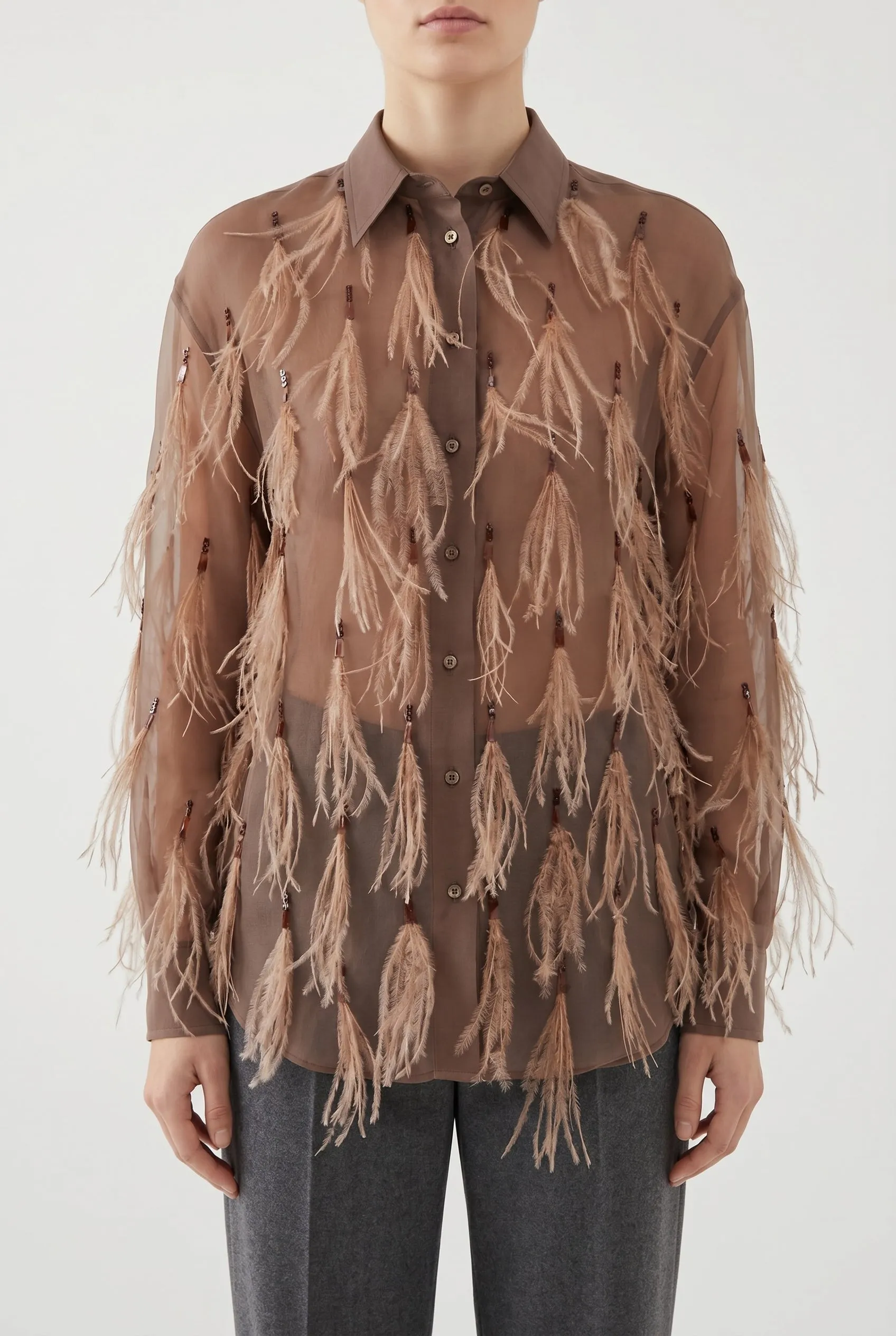 BRUNELLO CUCINELLI WOMEN'S BROWN SILK FEATHERED SHIRT sold by Lord & Taylor