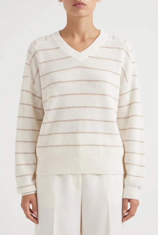 BRUNELLO CUCINELLI WOMEN'S OFF WHITE STRIPED SWEATER made by Brunello Cucinelli
