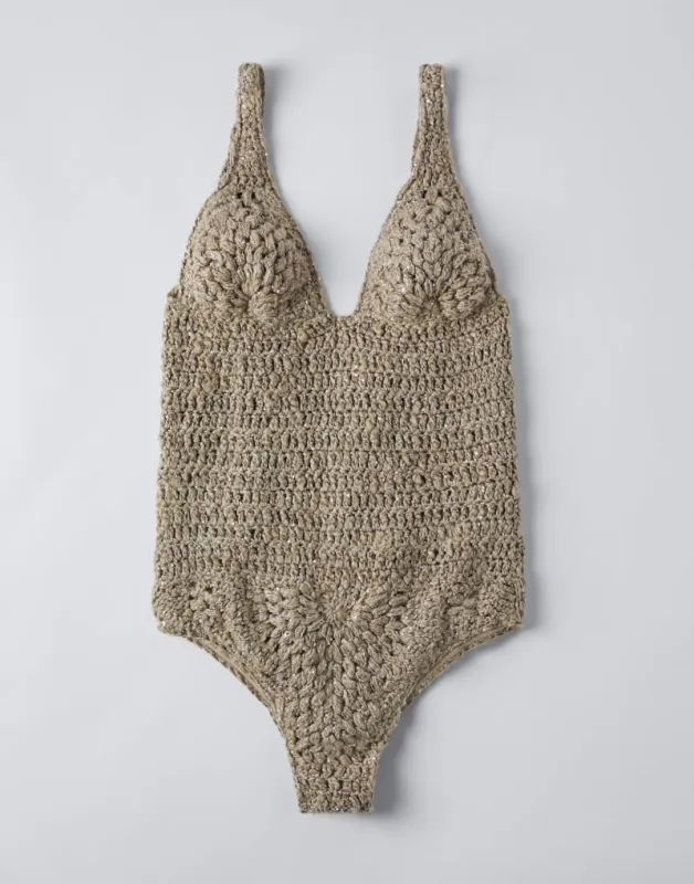 BRUNELLO CUCINELLI WOMEN'S BEIGE LINEN SILK CROCHET BODYSUIT made by Brunello Cucinelli