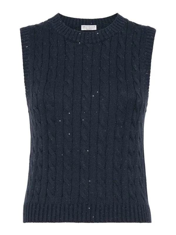 BRUNELLO CUCINELLI WOMEN'S DARK BLUE CABLE KNIT SWEATER made by Brunello Cucinelli