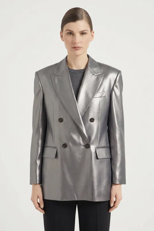BRUNELLO CUCINELLI WOMEN'S SILVER TAILORED DOUBLE BREASTED BLAZER made by Brunello Cucinelli