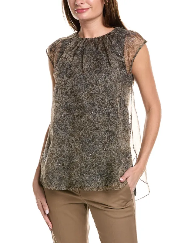BRUNELLO CUCINELLI WOMEN'S BEIGE BROWN PAISLEY SHEER BLOUSE made by Brunello Cucinelli