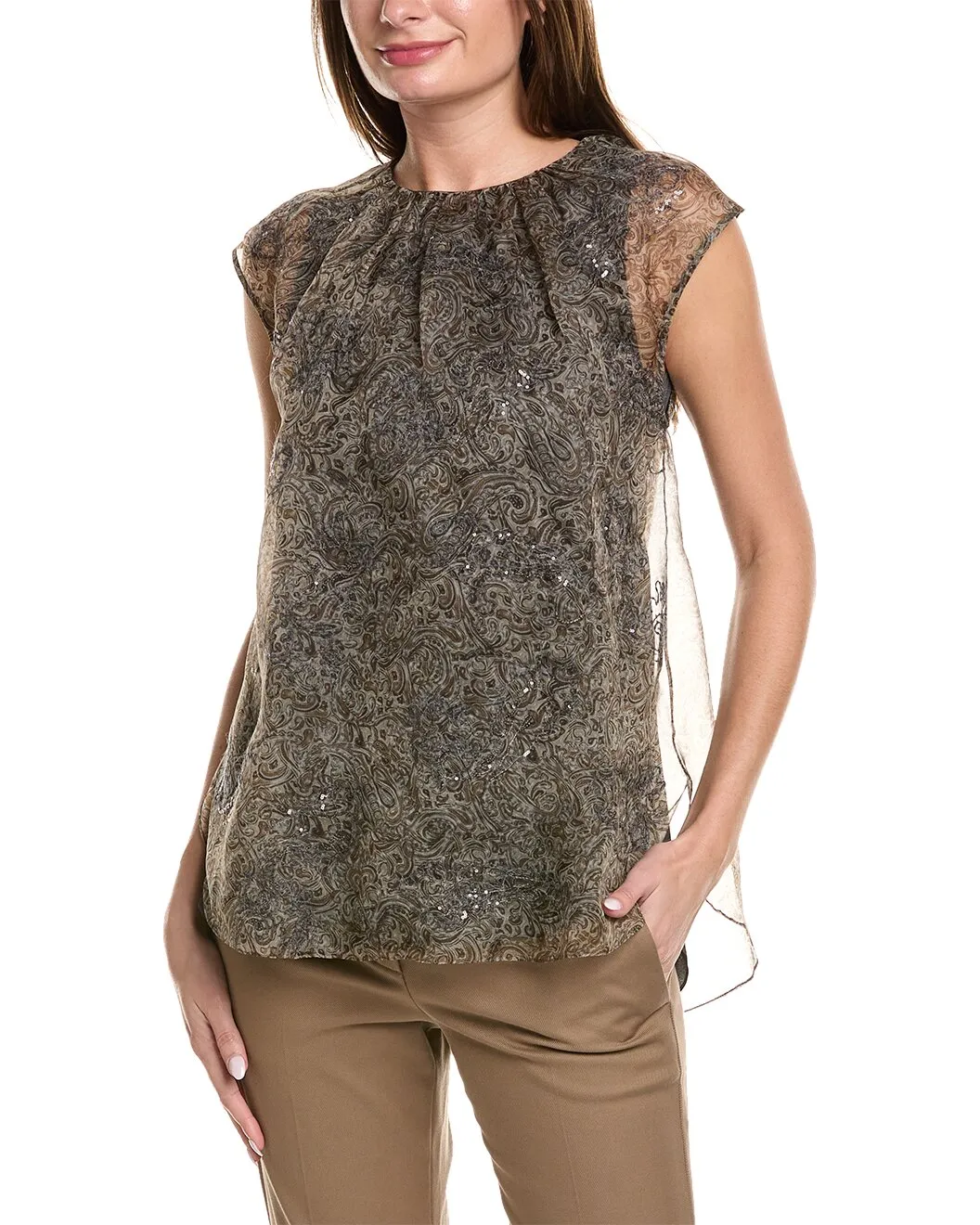 BRUNELLO CUCINELLI WOMEN'S BEIGE BROWN PAISLEY SHEER BLOUSE sold by Lord & Taylor