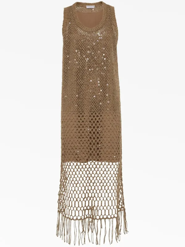 BRUNELLO CUCINELLI WOMEN'S FANGO SILK LINEN CROCHET DRESS WITH FRINGE made by Brunello Cucinelli