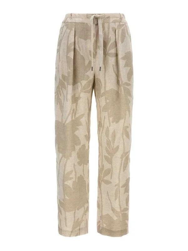 BRUNELLO CUCINELLI WOMEN'S NATURALE LINEN RELAXED FLORAL TROUSERS made by Brunello Cucinelli