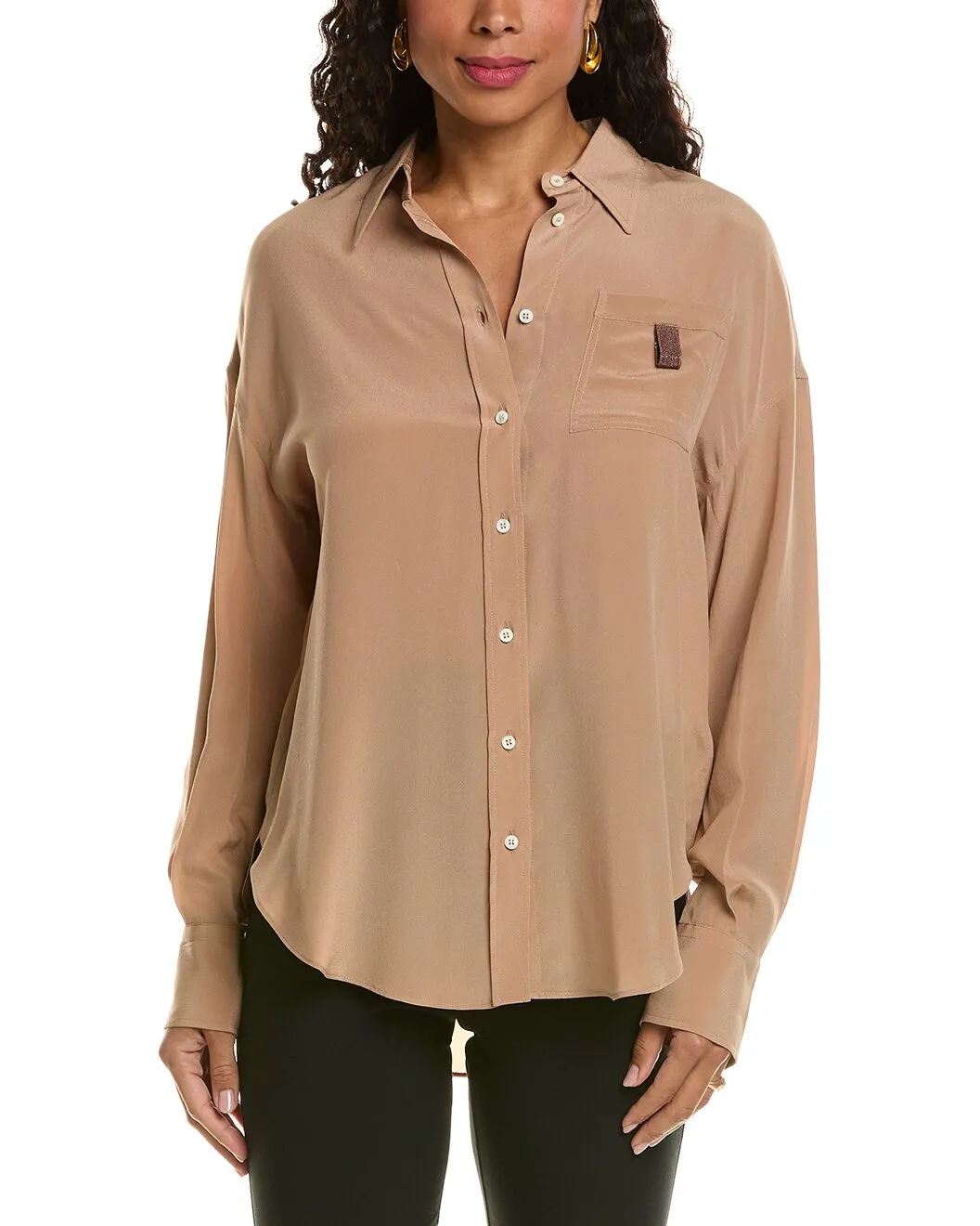BRUNELLO CUCINELLI WOMEN'S ALMOND SILK RELAXED SHIRT sold by Lord & Taylor product image thumbnail 3