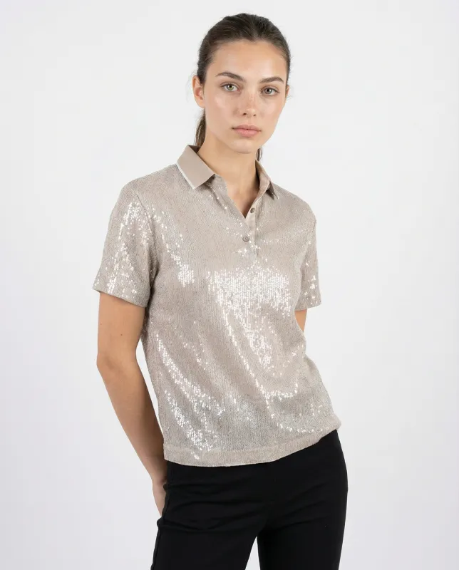 BRUNELLO CUCINELLI WOMEN'S SILVER SILK BLEND SEQUIN POLO SHIRT made by Brunello Cucinelli