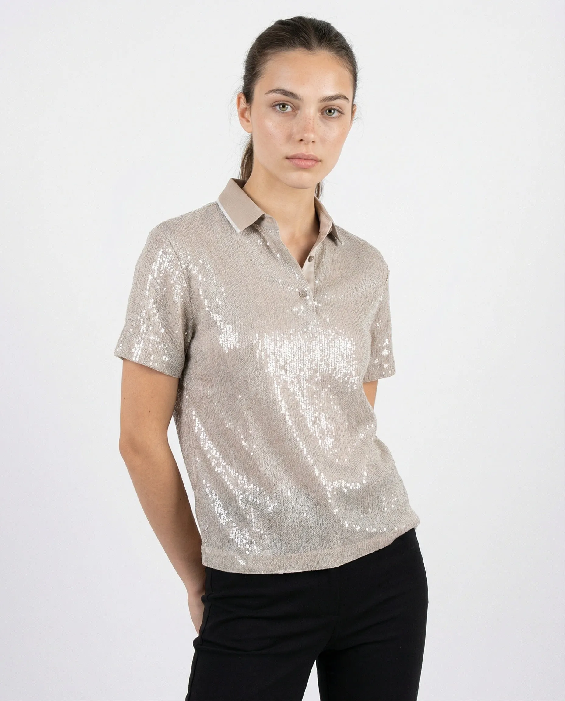 BRUNELLO CUCINELLI WOMEN'S SILVER SILK BLEND SEQUIN POLO SHIRT sold by Lord & Taylor