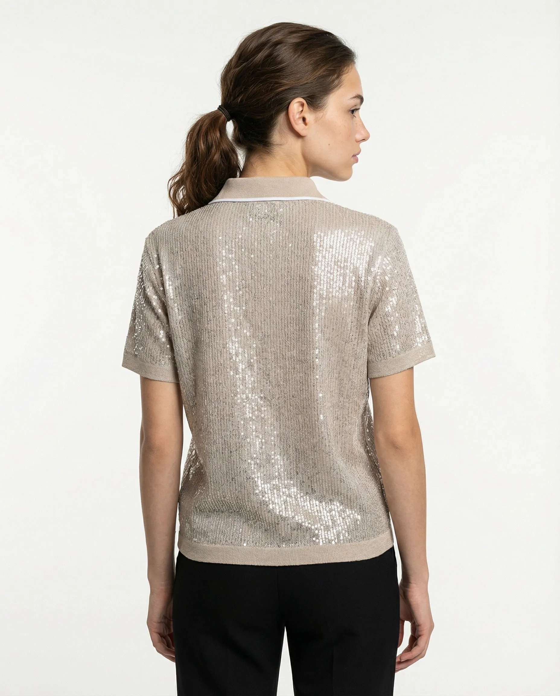 BRUNELLO CUCINELLI WOMEN'S SILVER SILK BLEND SEQUIN POLO SHIRT sold by Lord & Taylor product image thumbnail 2