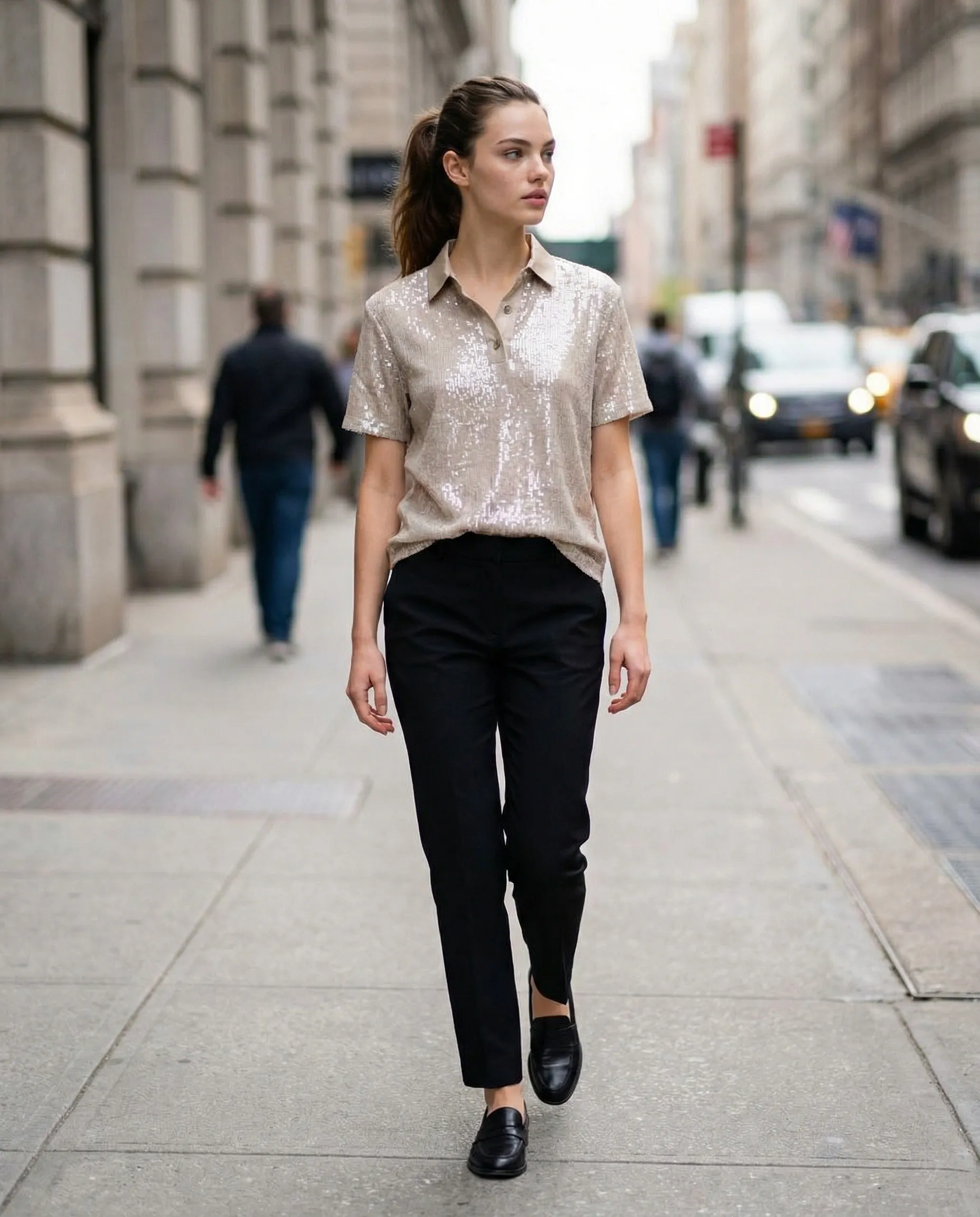 BRUNELLO CUCINELLI WOMEN'S SILVER SILK BLEND SEQUIN POLO SHIRT sold by Lord & Taylor product image thumbnail 3