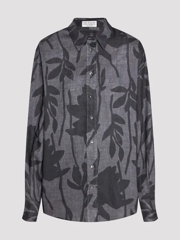 BRUNELLO CUCINELLI WOMEN'S GREY LINEN FLORAL SHIRT made by Brunello Cucinelli