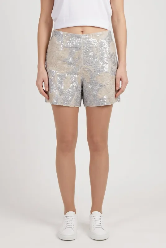 BRUNELLO CUCINELLI WOMEN'S SILVER EMBELLISHED LINEN SHORTS made by Brunello Cucinelli
