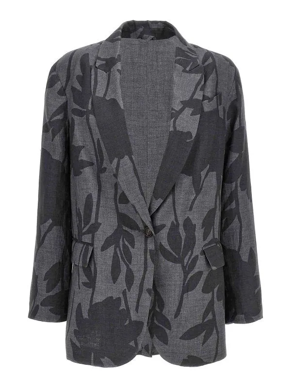 BRUNELLO CUCINELLI WOMEN'S GREY LINEN FLORAL BLAZER made by Brunello Cucinelli