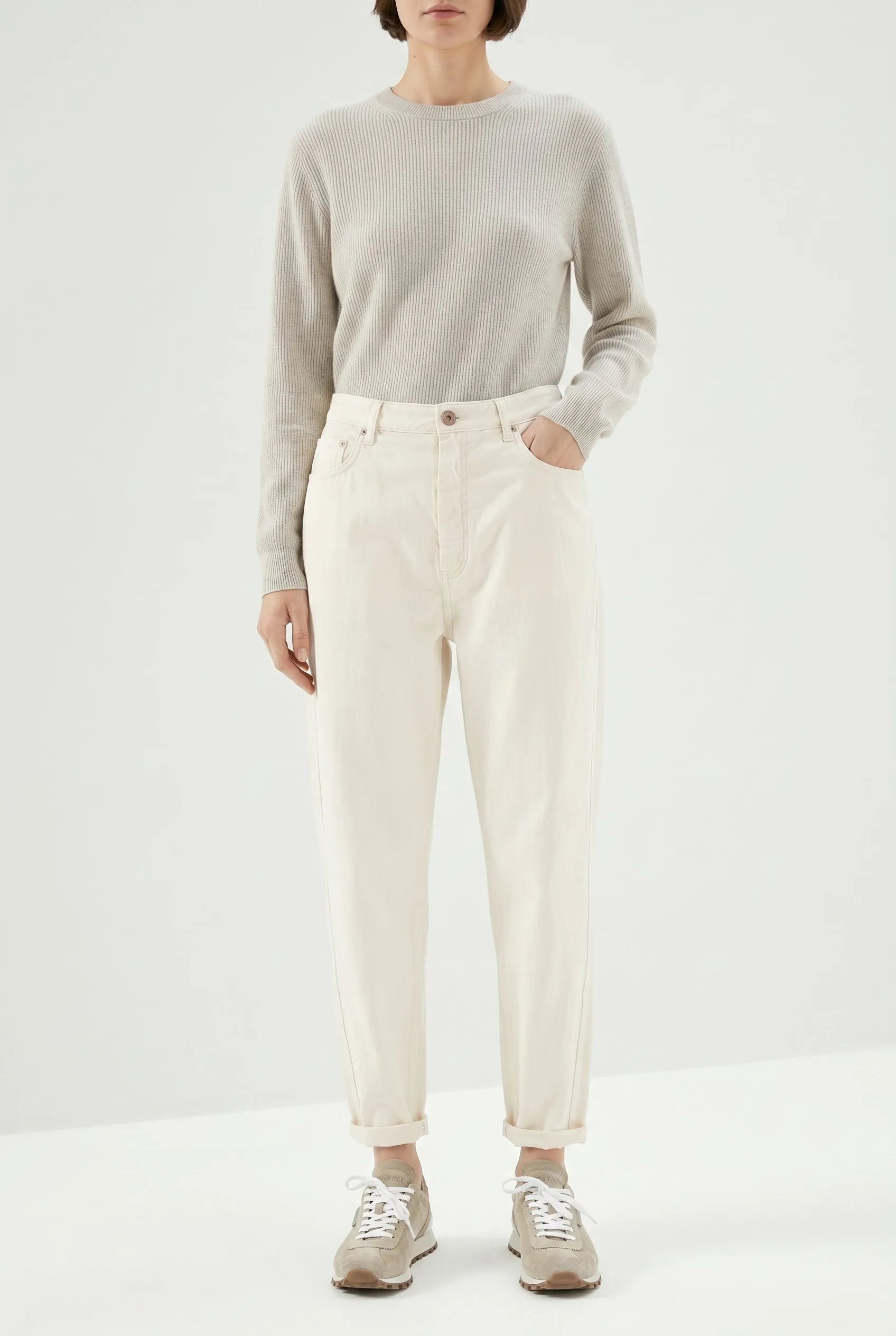 BRUNELLO CUCINELLI WOMEN'S OFF WHITE RELAXED COTTON TROUSERS sold by Lord & Taylor